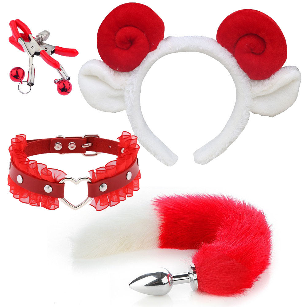 Red Anime Sexy Cow/Sheep Ear Headband Butt Plug Tail Set