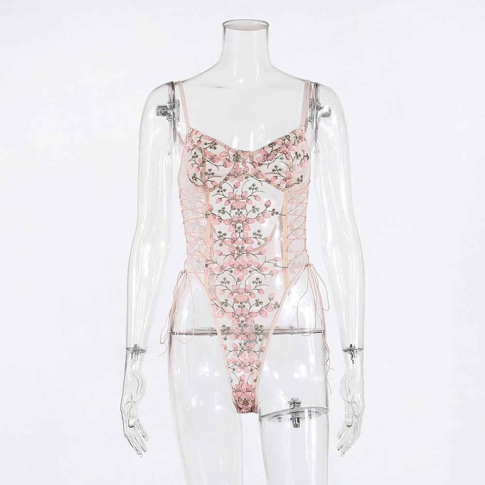 Lace mesh sheer embroidered strap bodysuit