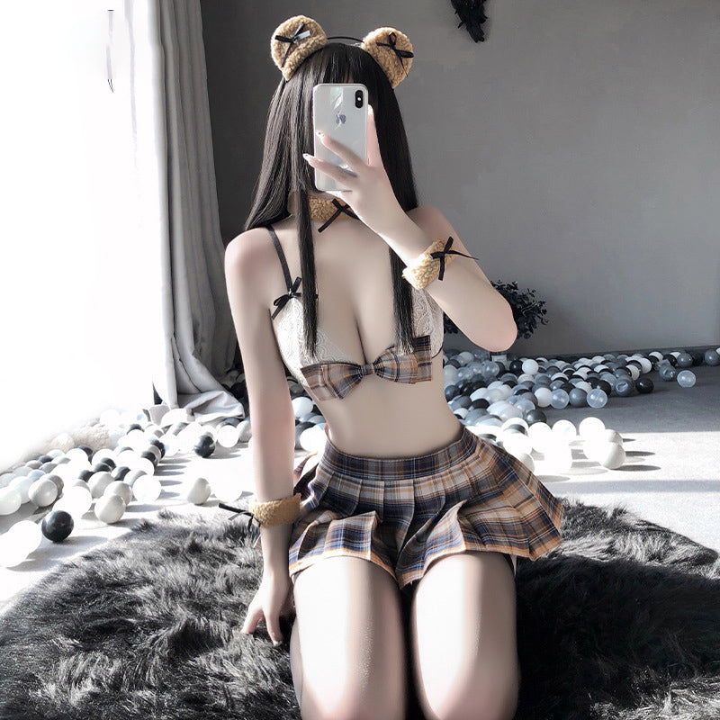 Sofyee Sweet Bear Mesh Pleated Skirt Student Underwear - School Girl