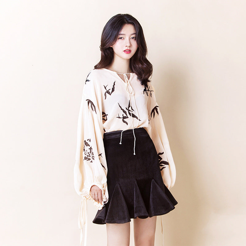 Lantern Sleeves Swan Printed Self-Tie Chiffon Top 43002