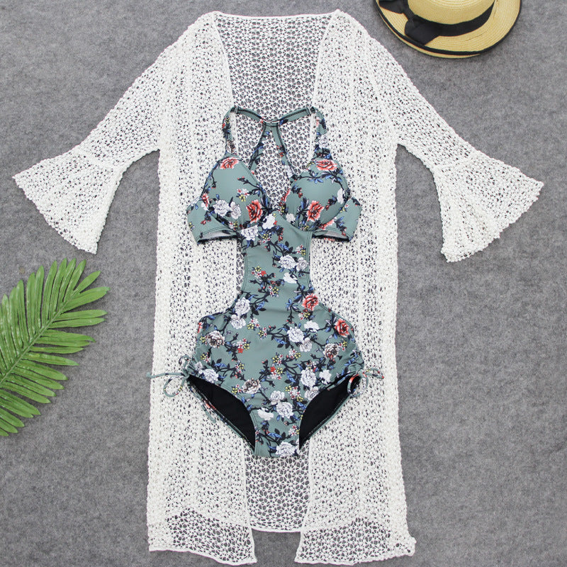 Summer Leaves Side Cut Out Honey Cute One Piece Cover Up Swimsuit Set