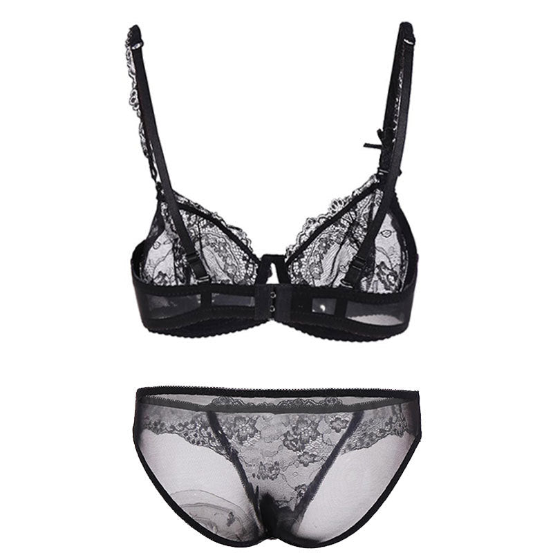 Set aus durchsichtigem BH und Höschen aus durchsichtiger Spitze mit Blumenmuster