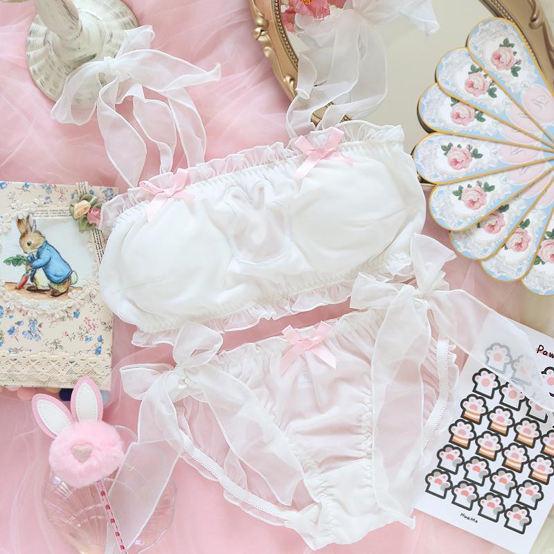 Sweet and Cute Japanese Girl Hollow Rabbit Elegant Big Bow No Steel Ring Bra Set