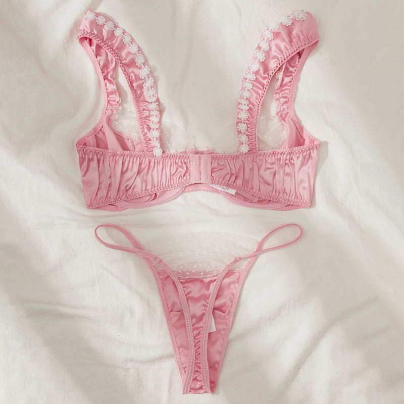 Pink Ruffle Girl Sexy Flower Bra Set -V String Set