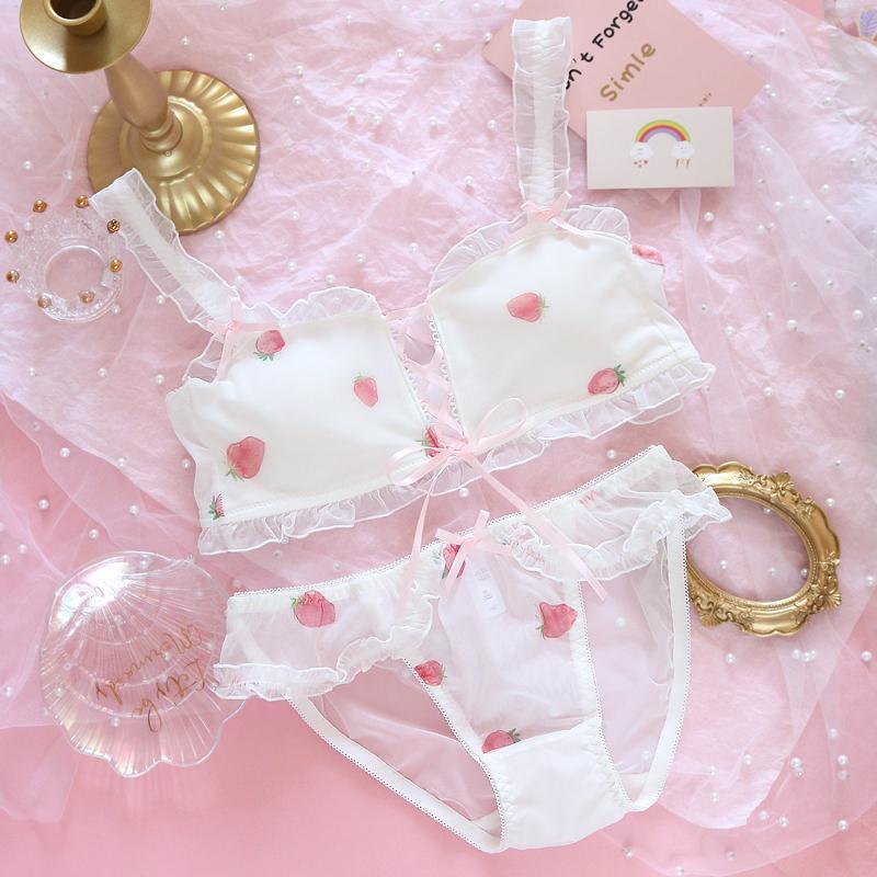 Kawaii Girly Strawberry Lace Up Tube Top Lingerie Set