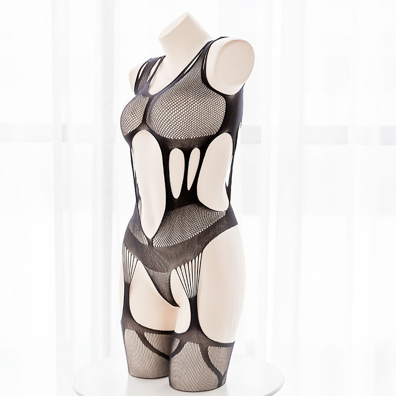 Offener schwarzer, durchsichtiger, verführerischer Bondage-Fischnetz-Bodystocking