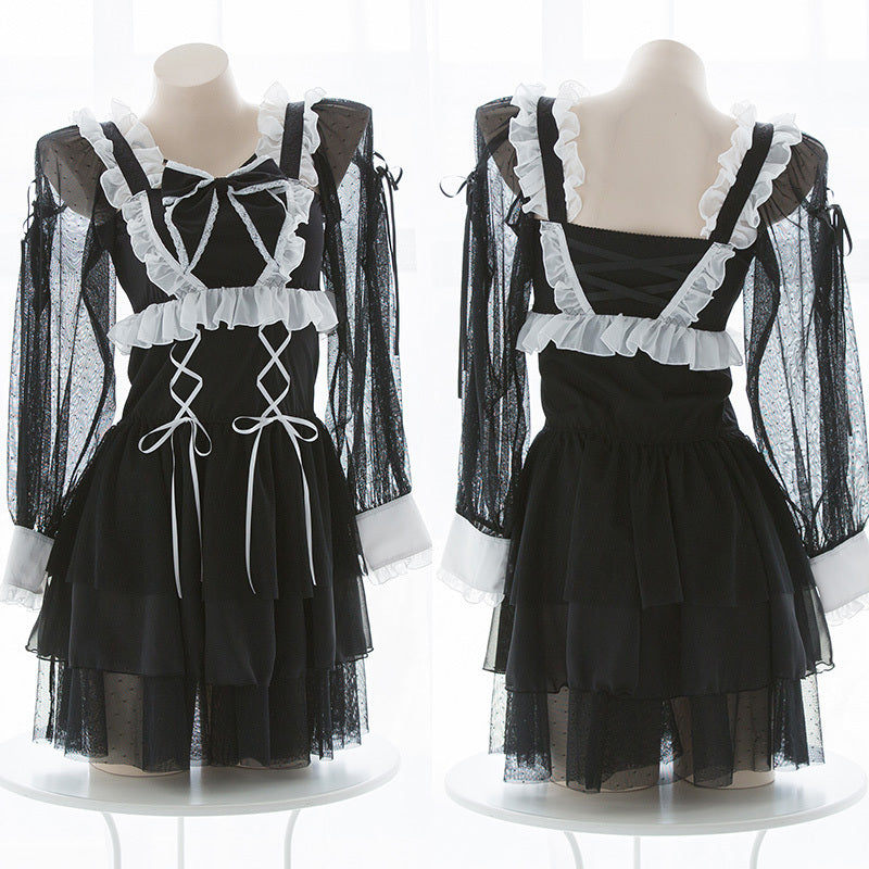 Sofyee アニメ かわいい リボン 和風 黒メイド セット