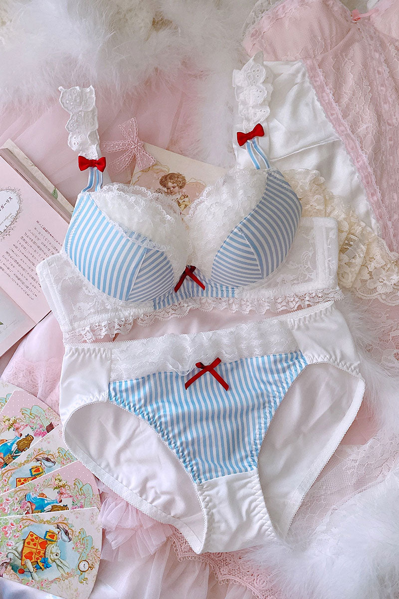 Japanese Girl Cute Sexy Blue Striped Cake Lace Plus Size Bra Set