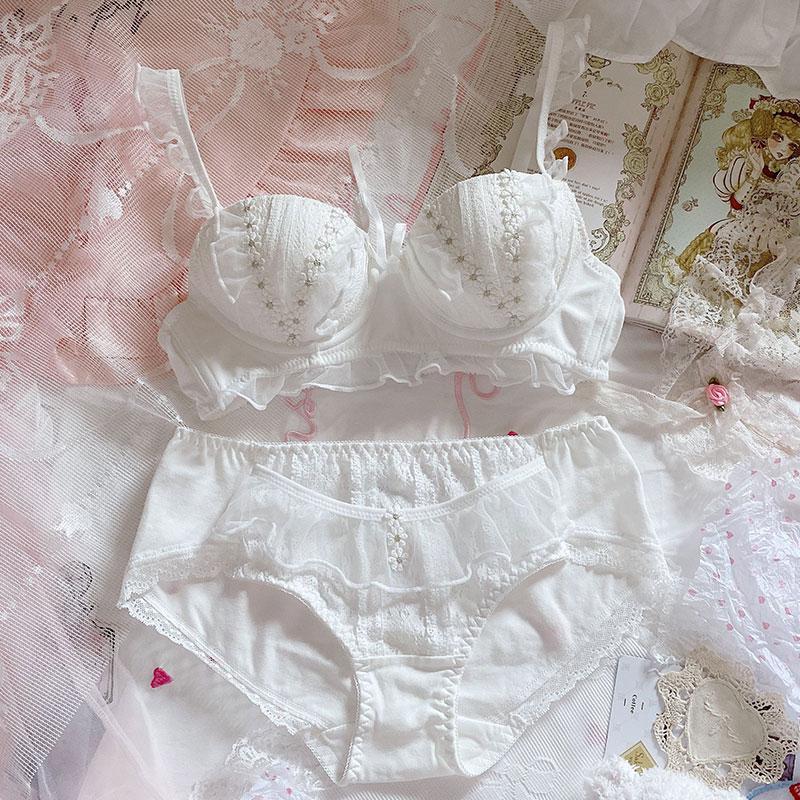 Japanese cute soft girl sweet lotus leaf daisy no steel ring underwear set