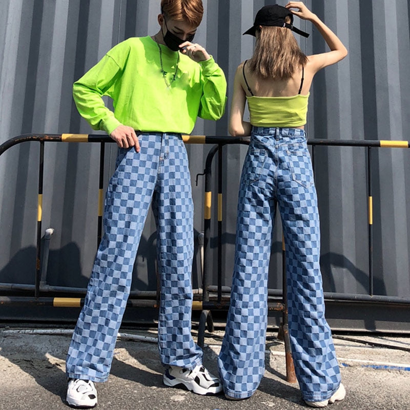 Couple Harajuku Plaid Straight Grid Streetwear Hip Hop Pants