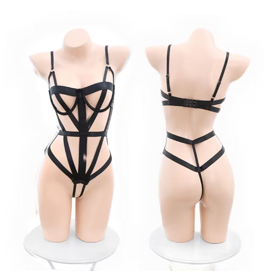 Black Bondage Straps Open Bodysuit