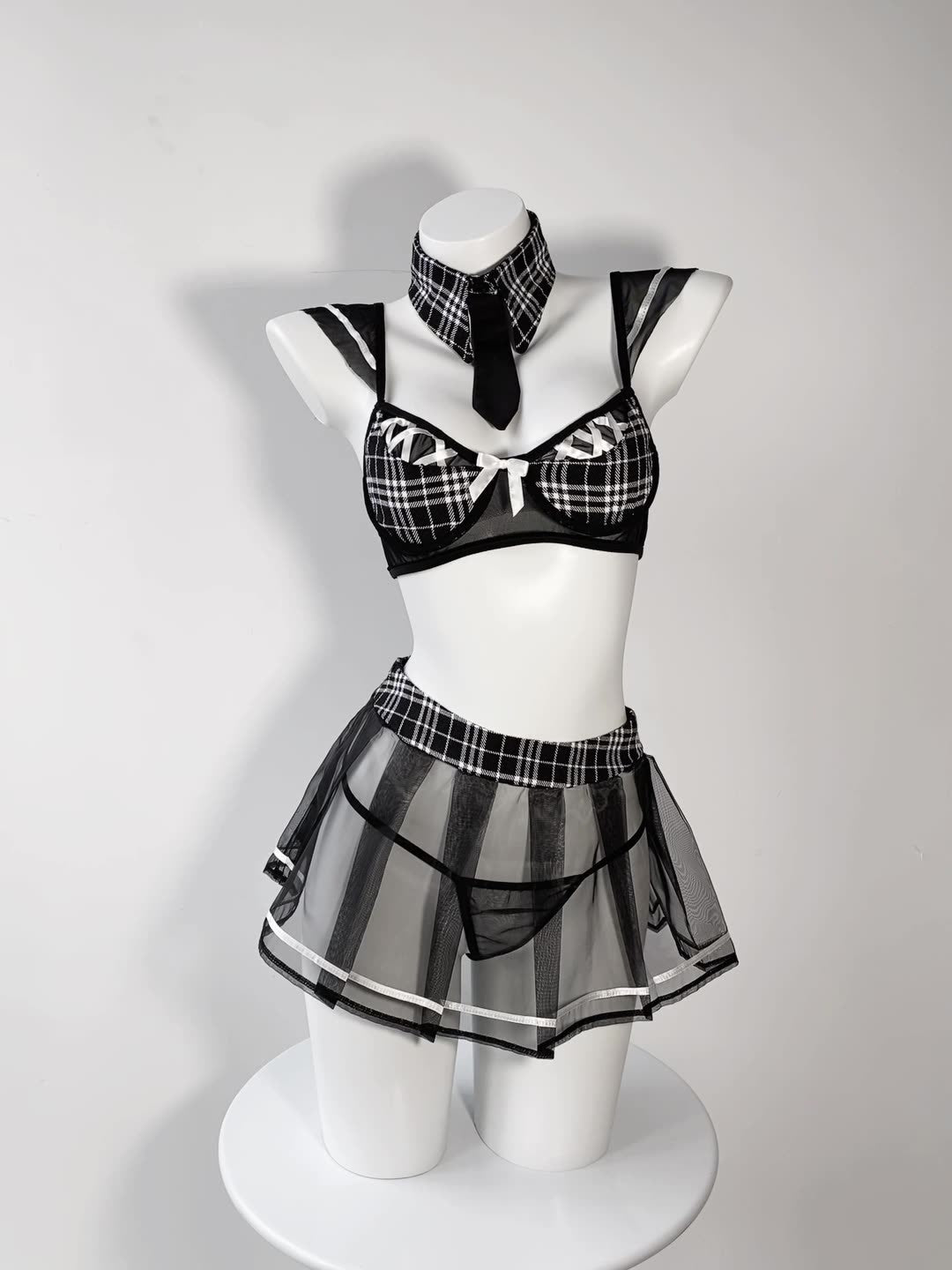 Japanese Sexy School Girl Grid Lingerie Costume Set