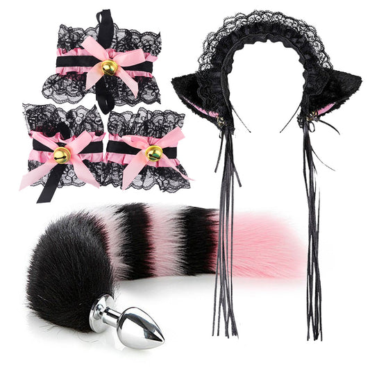 Lolita  Anime Kawaii Ruffle Lace Headband Butt Plug Tail Set