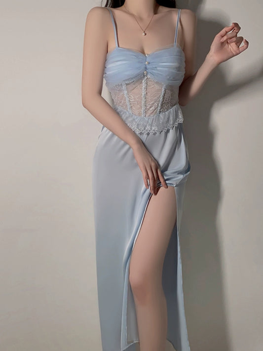 Lace Romantic Blue Ruffle Honeymoon Split Dress