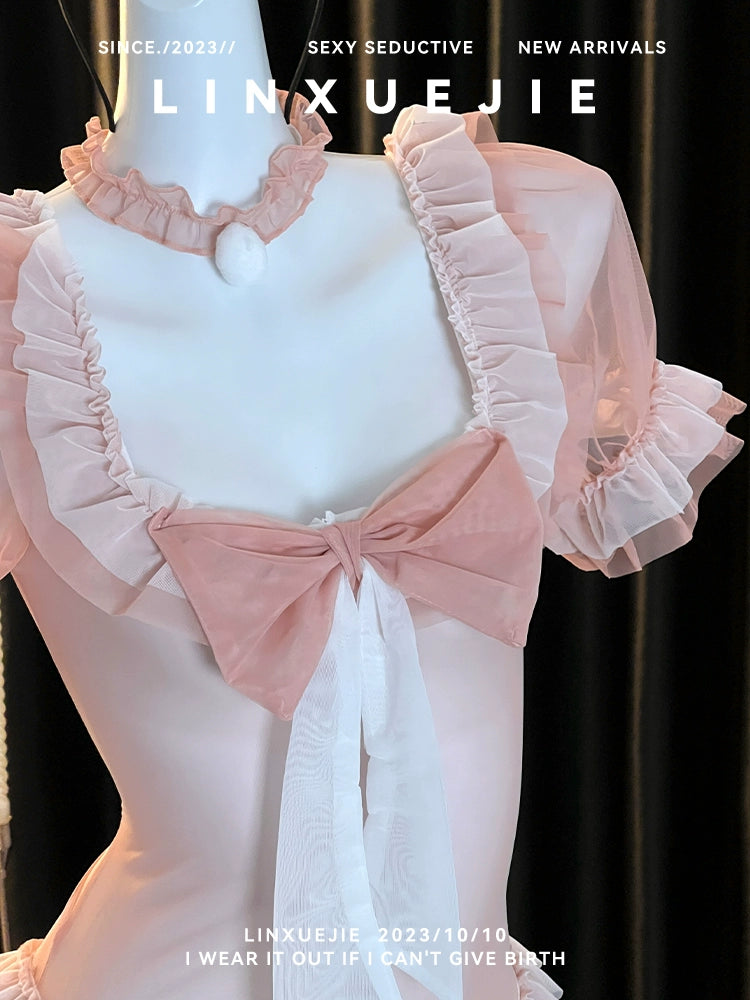 Pink Anime Kawaii Japanese Ruffle Sheer Apron Maid