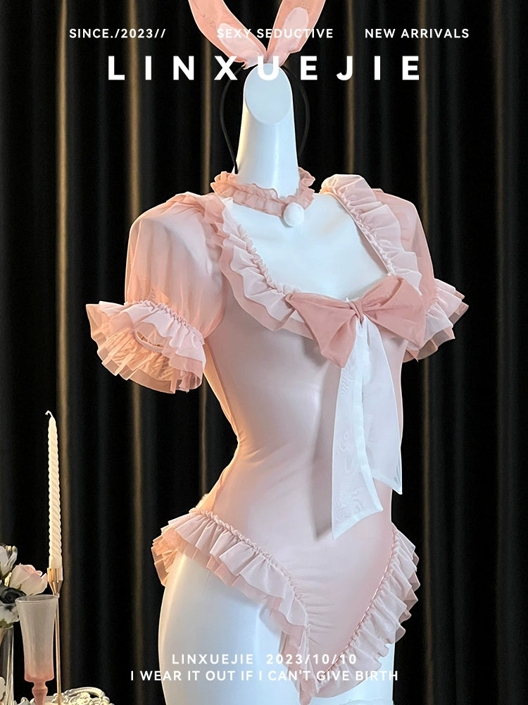 Pink Anime Kawaii Japanese Ruffle Sheer Apron Maid