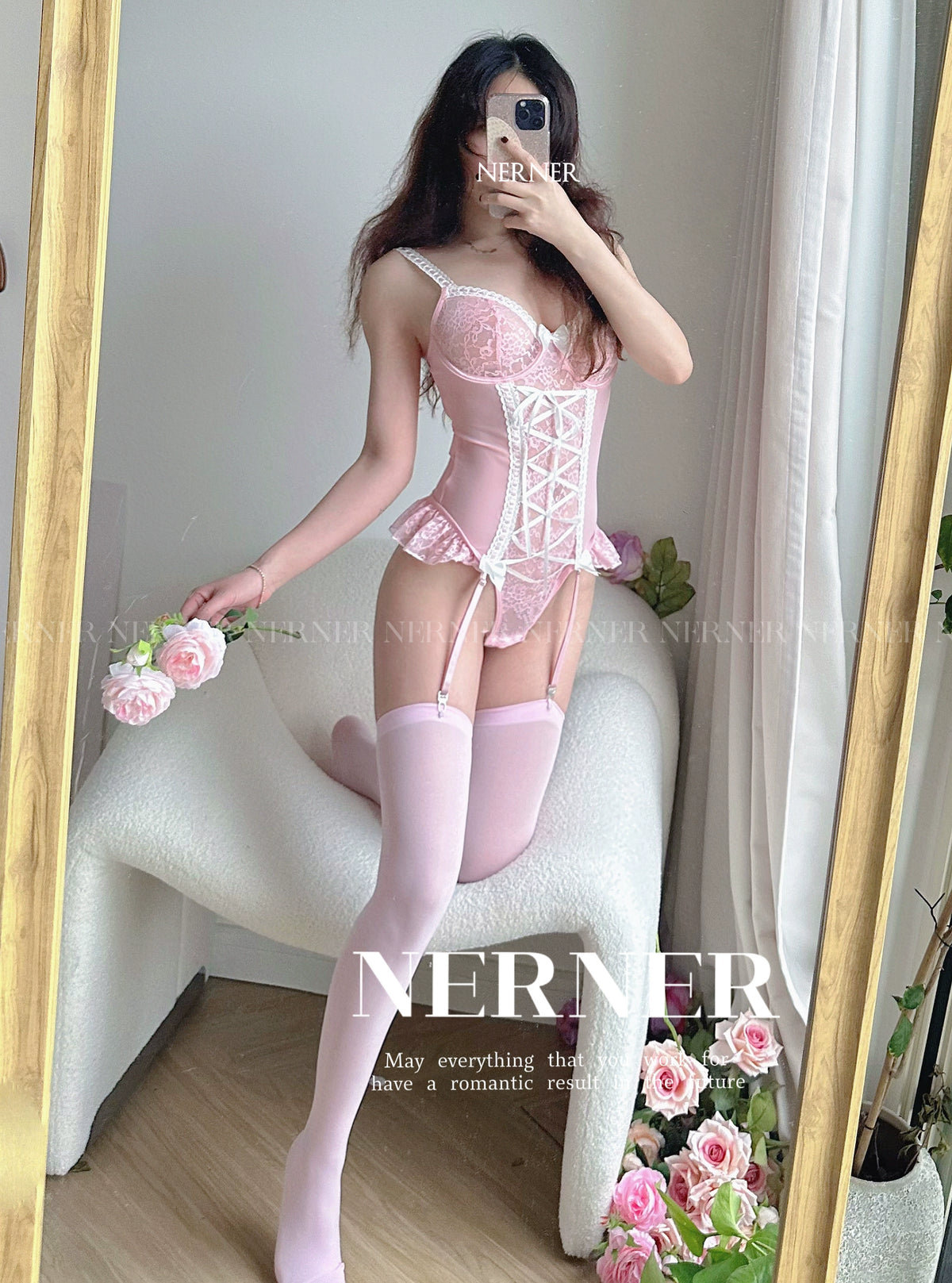 Pink Girl Lace Up Honeymoon Bodysuit Set