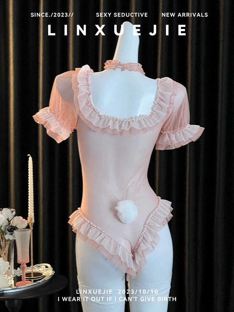 Pink Anime Kawaii Japanese Ruffle Sheer Apron Maid