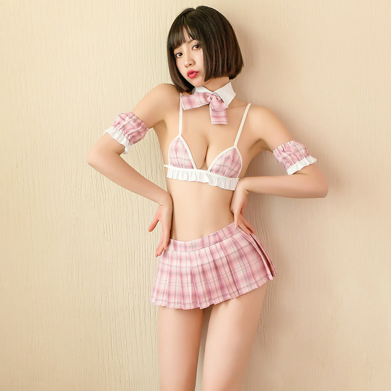 Sofyee Sexy Puff Sleeve Jk Three-Dot Plaid Pleated Skirt Student Uniform