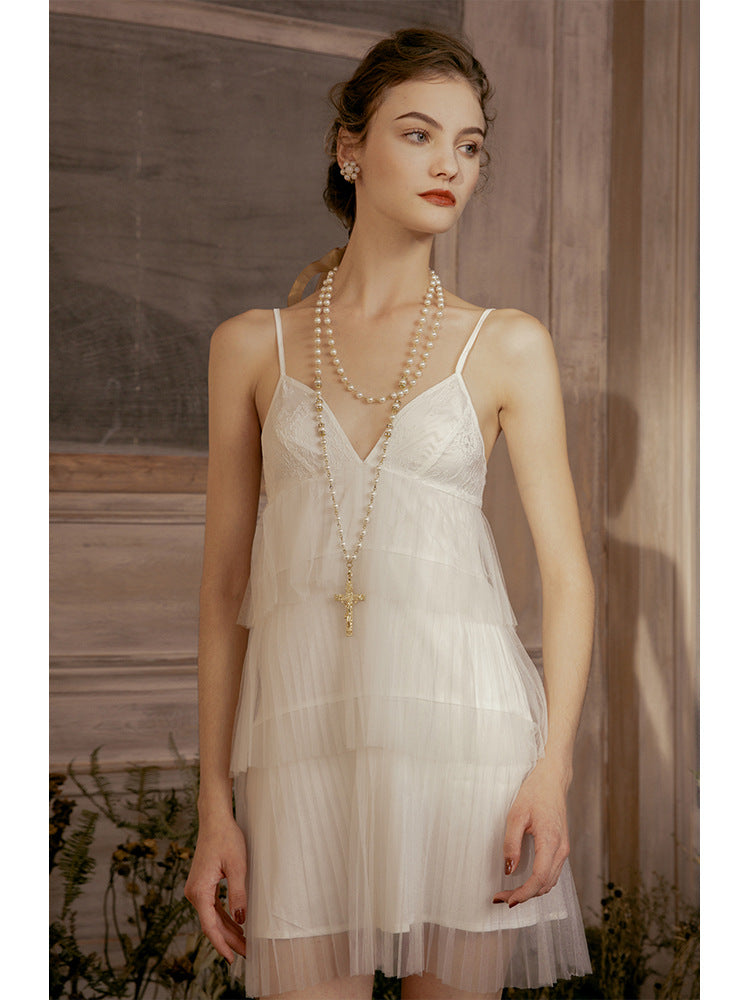 Sheer  Ruffle Layered White Flower Romance Pretty Quality Lace Baby Doll Set