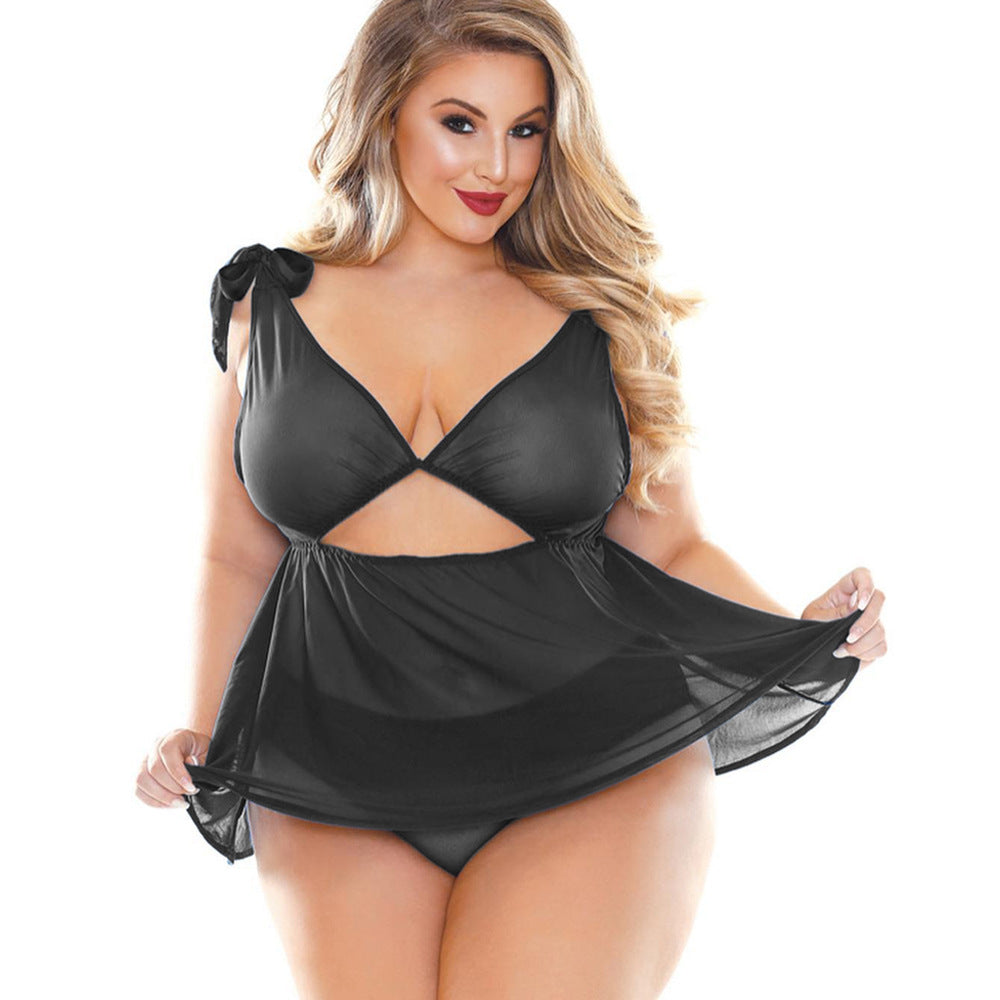 Plus Size Gauze Perspective Sexy Lingerie Deep V Sexy Petticoat Set