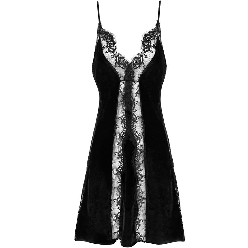 Silk Elegant Pretty Black Flower Quality Lace Baby Doll Set