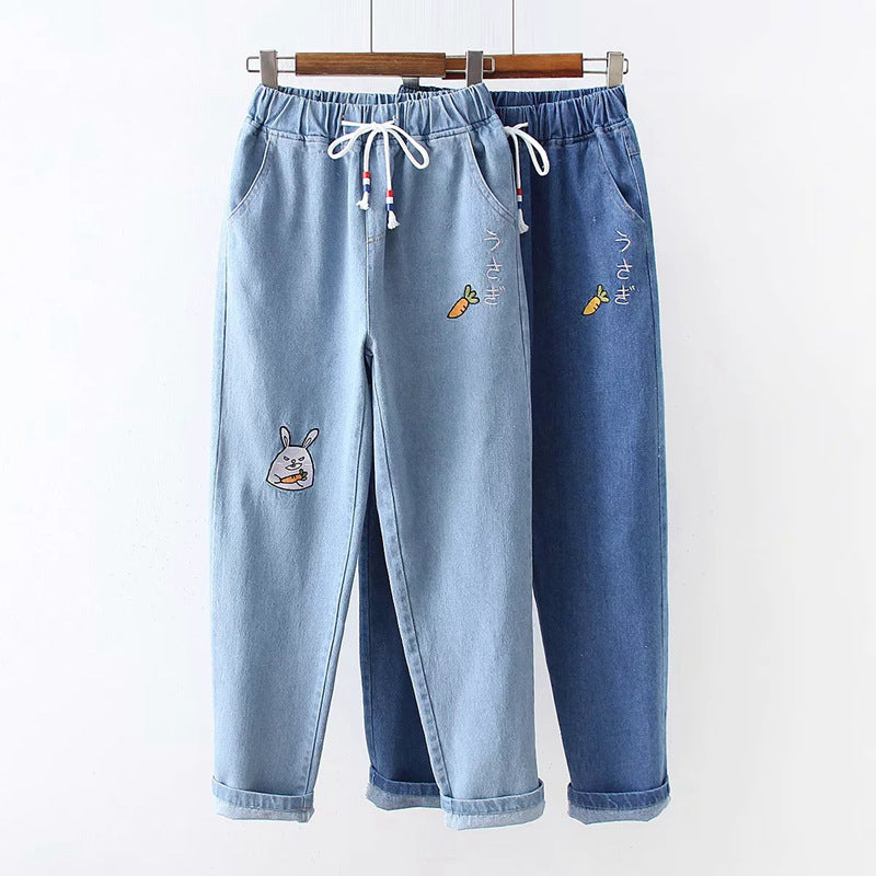 Japanese All-match college style radish letter embroidered denim pants