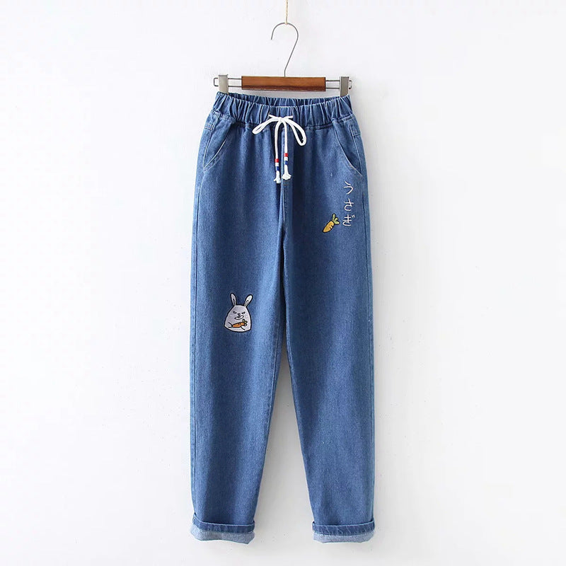 Japanese All-match college style radish letter embroidered denim pants