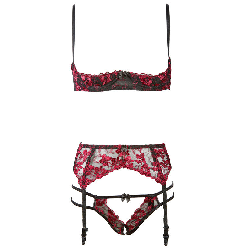 Flower Open Cup Hosiery Lingerie Set