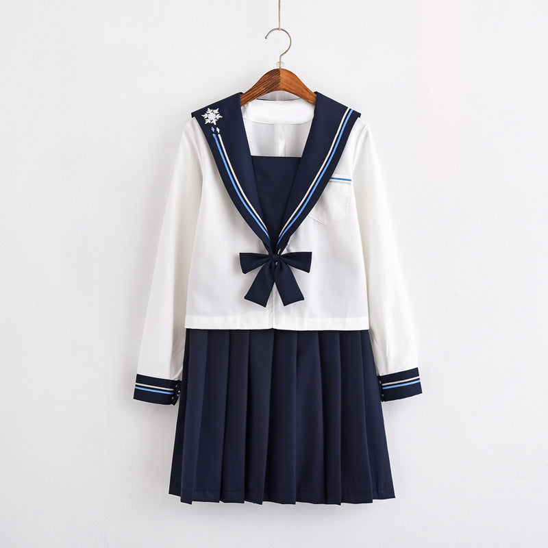Weicher Schwester-JK-Uniform-Anzug im Marineblau-Wind-Matrosen-College-Stil mit Schneeflockenstickerei 