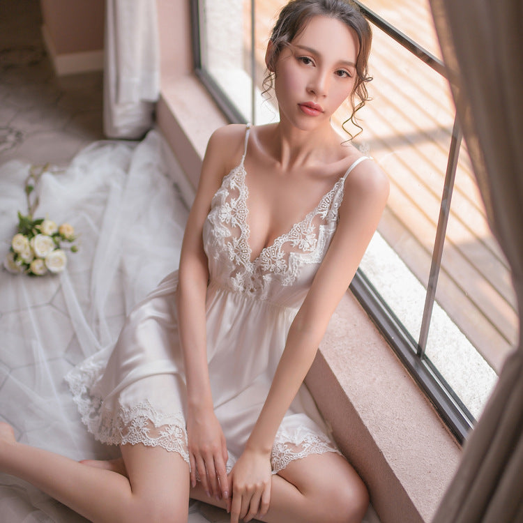 Rose Large Size Loose Big Halter Strap Satin Lace Side Thin Nightdress
