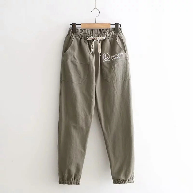 Korean all-match college wind elastic waist letter embroidery trousers