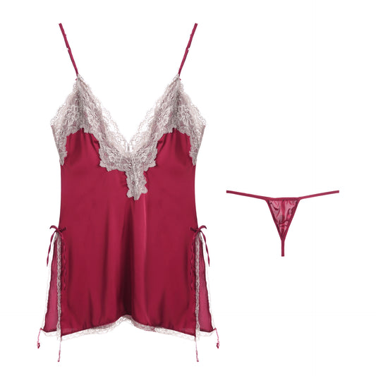 Sexy Pyjamas, Spitzenstickerei, tiefer V-Ausschnitt, offener Rücken, Versuchung, Schlinge, großes Nachthemd