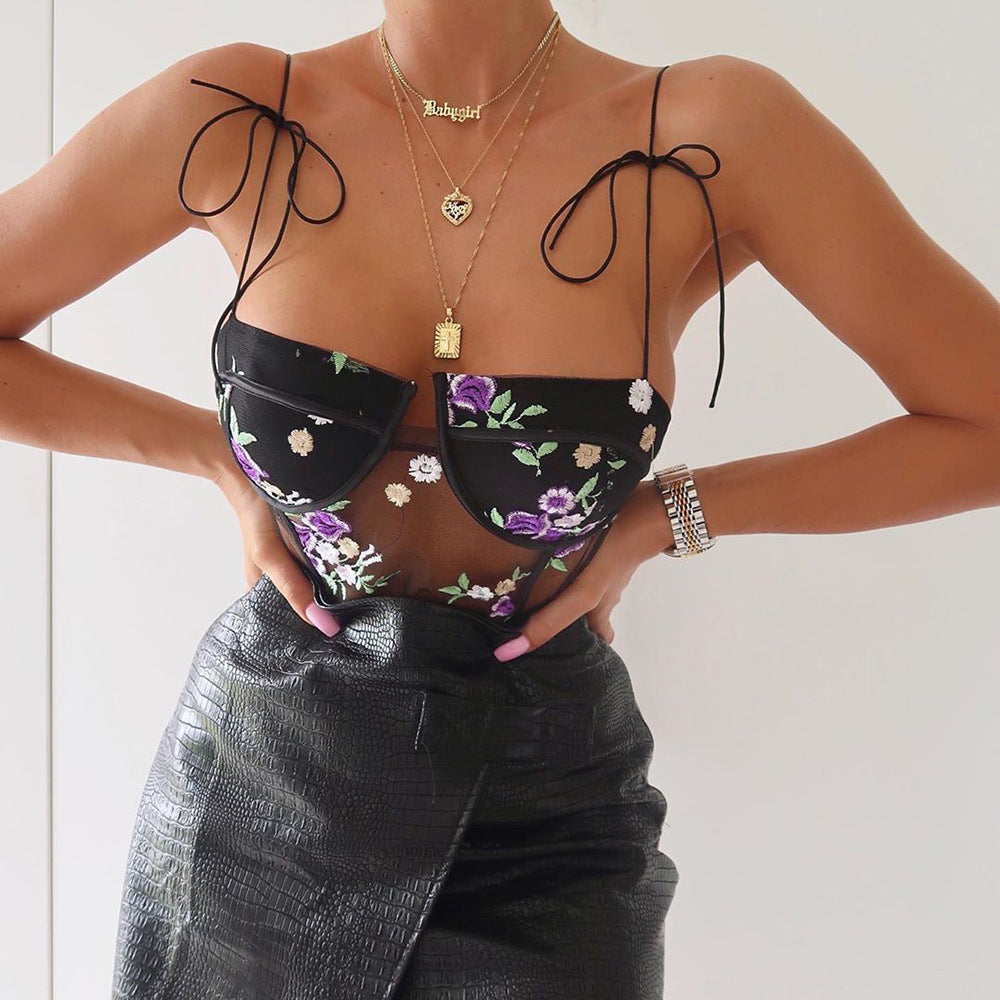 ブラック ロマンティック フローラル レース シースルー 刺繍 シアー ボディスーツ