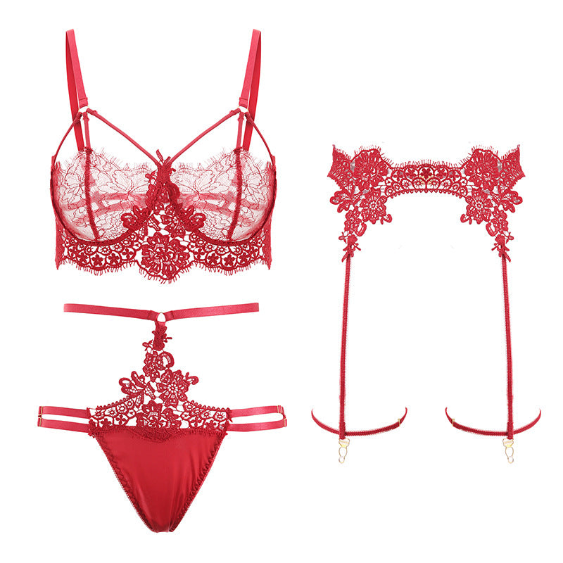 Erotische Dessous-Uniform, sexy Spitzen-Strumpfband mit drei Spitzen, offener Höschenanzug