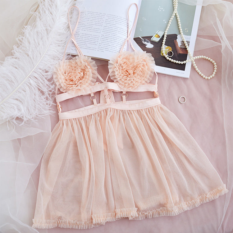 Pink Sheer See Thru Flower Hearty Quality Lace Baby Doll Set