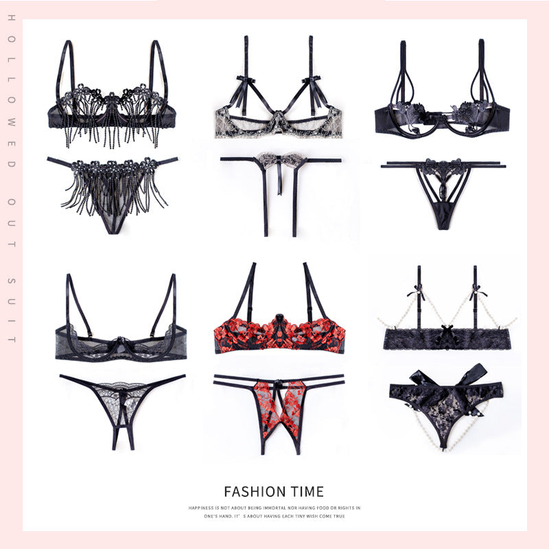 Flower Open Front Cupless Crotchless Bra Set