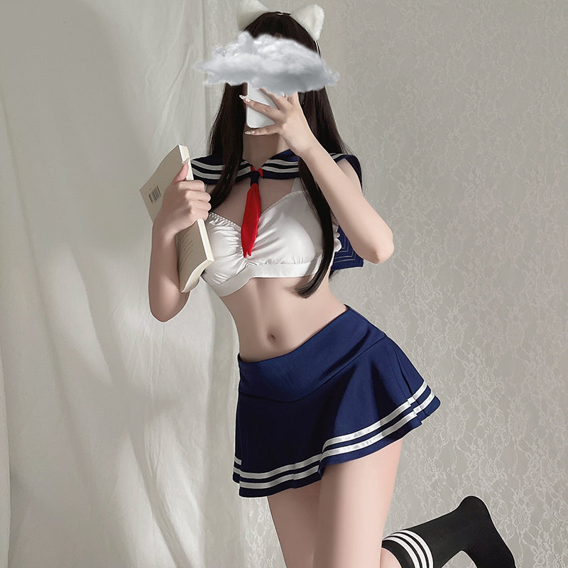 Japanese Anime Sexy Love Sailor Bow Choker School Girl Lingerie Set