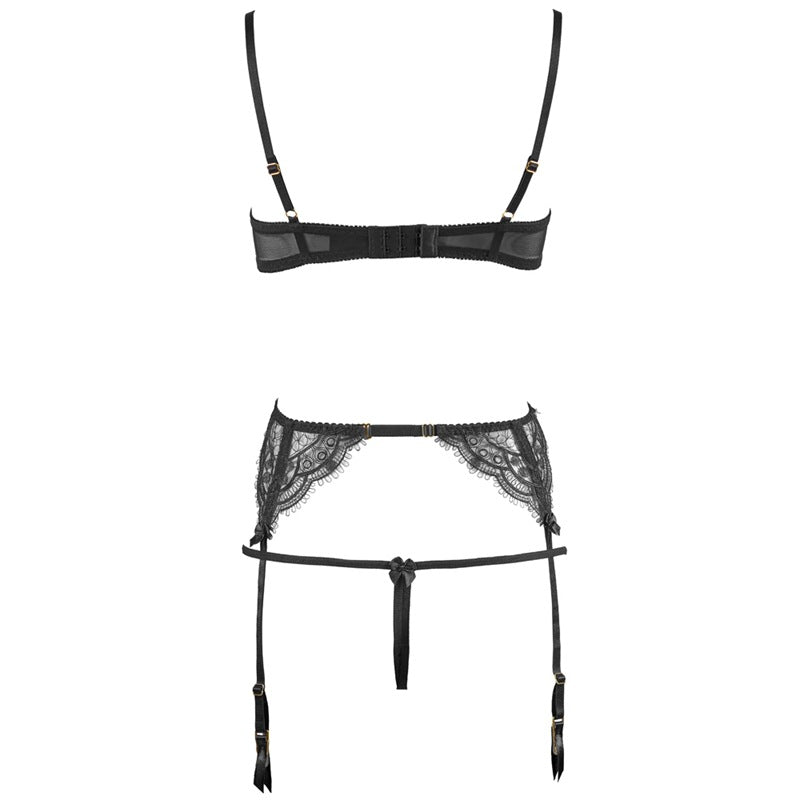 Eyelash Lace Open Front Cupless Quarter Cup Shelf Crotchless Bra Set