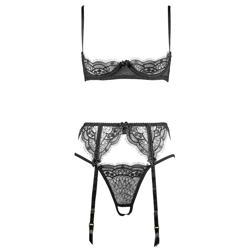Eyelash Lace Open Front Cupless Quarter Cup Shelf Crotchless Bra Set