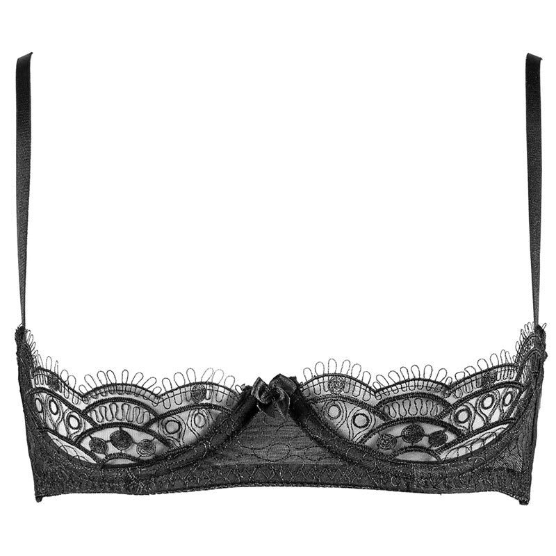 Eyelash Lace Open Front Cupless Quarter Cup Shelf Crotchless Bra Set