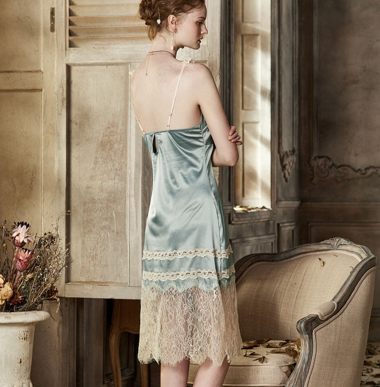 Sofyee Satin Rainforest Floral Hem Emerald Green Slip Nighty Dress