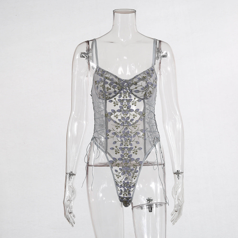Lace mesh sheer embroidered strap bodysuit