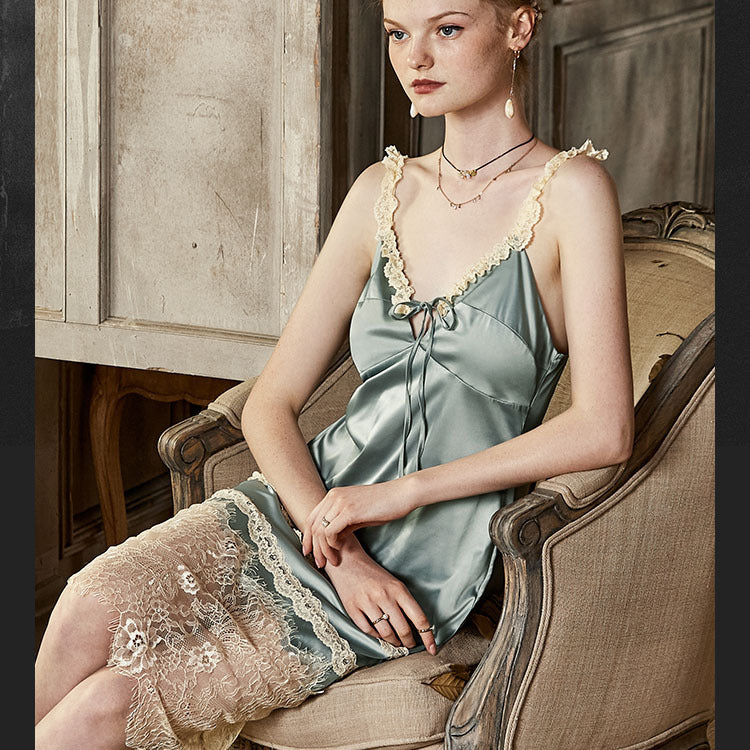 Sofyee Satin Rainforest Floral Hem Emerald Green Slip Nighty Dress