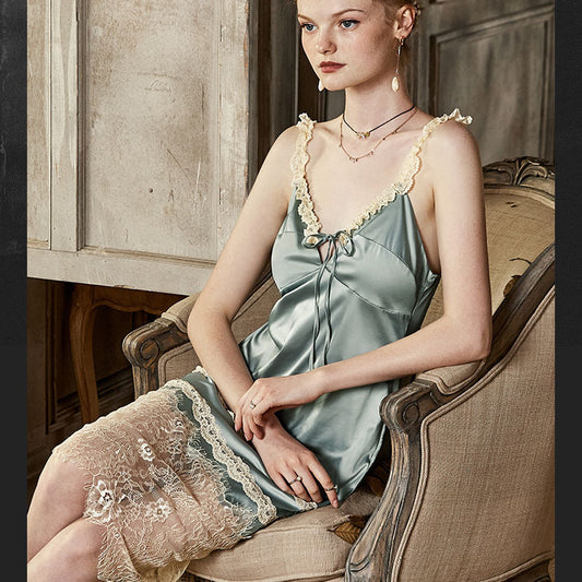 Sofyee Satin Rainforest Floral Hem Emerald Green Slip Nighty Dress