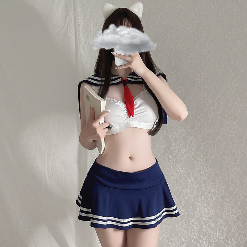 Japanese Anime Sexy Love Sailor Bow Choker School Girl Lingerie Set