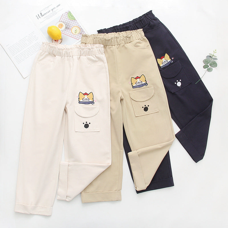 Japanischer, koreanischer, koreanischer All-Match-Stil, lässige, gerade Hose im College-Stil mit Cartoon-Werkzeug