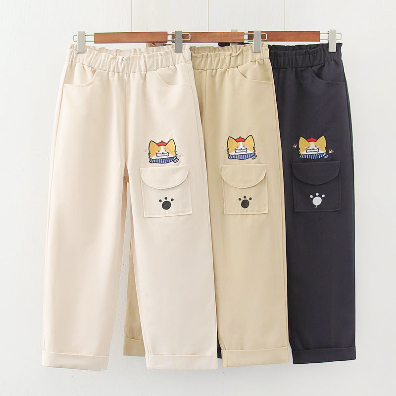 Japanischer, koreanischer, koreanischer All-Match-Stil, lässige, gerade Hose im College-Stil mit Cartoon-Werkzeug