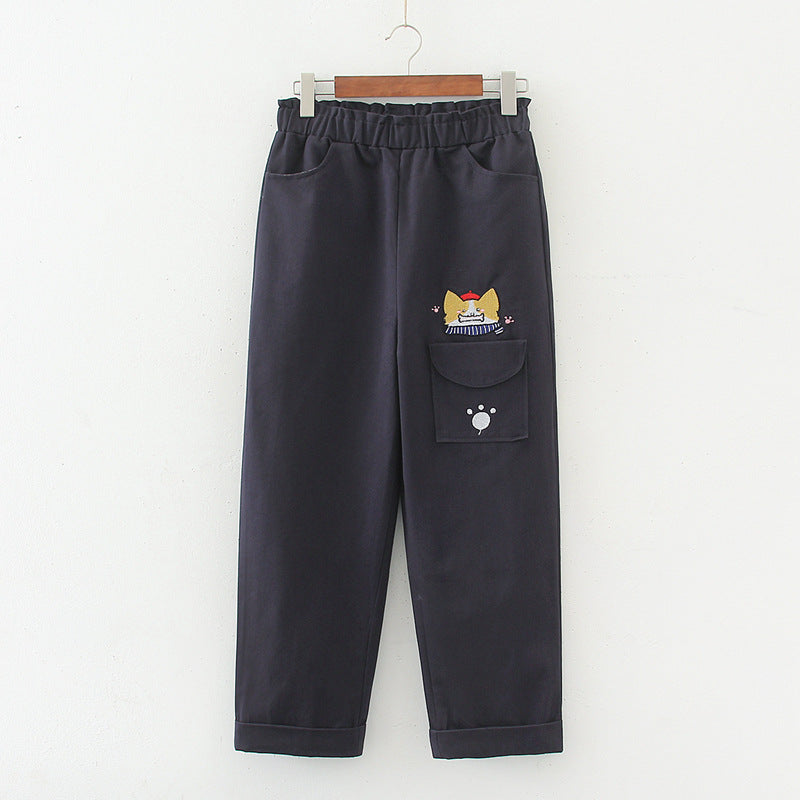Japanischer, koreanischer, koreanischer All-Match-Stil, lässige, gerade Hose im College-Stil mit Cartoon-Werkzeug