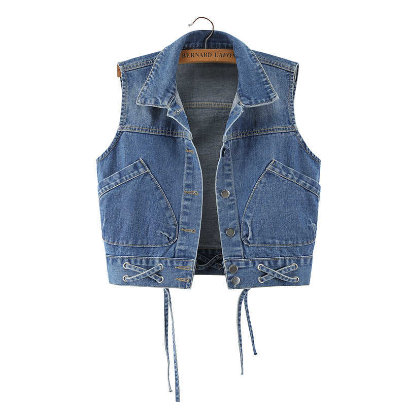 All-match tie denim short vest vest jacket